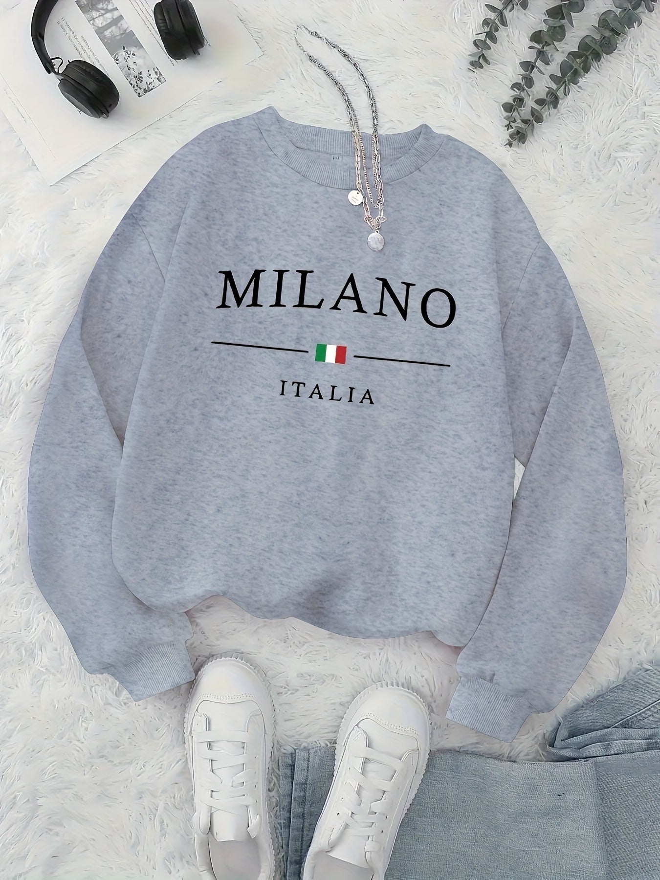 MILANO Print Pullover Sweatshirt, Casual Long Sleeve Crew Neck Sweatshirt For Fall & Winter, Women's Clothing