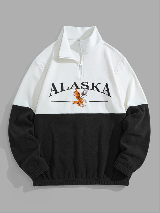 1pc Preppy Style Men'S Fleece Sweatshirt - Color Block Design with Embroidered Detail, Collared Neck, Long Sleeves, Knit Fabric, Slight Stretch, Regular Length, Loose Fit, Thick