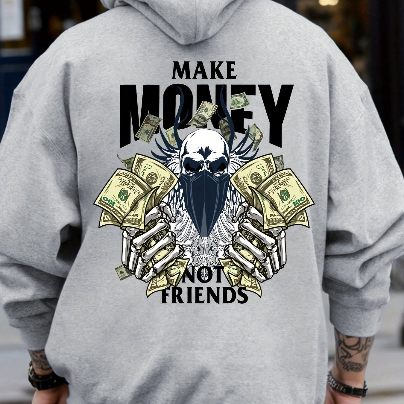 MAKE MONEY NOT FRIENDS Print Kangaroo Pocket Hoodie, Casual Long Sleeve Hoodies Pullover Sweatshirt, Men's Clothing, For Fall Winter