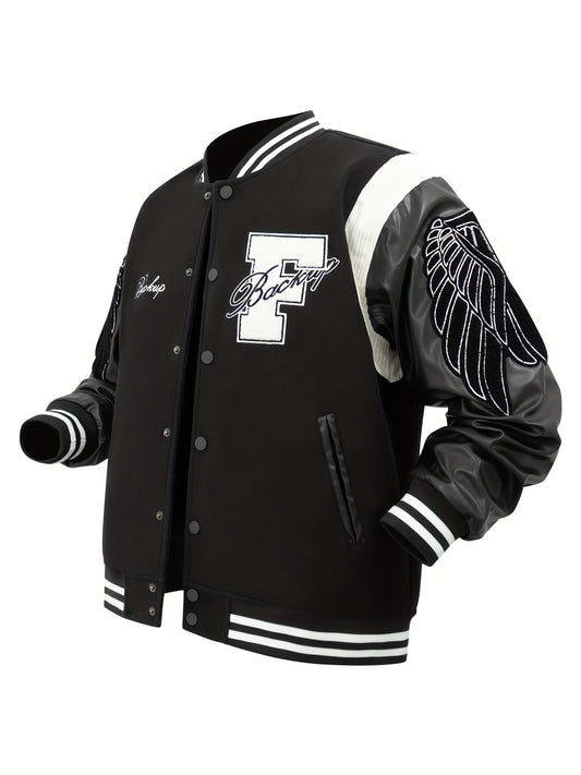 Men's Letter Double-wing Embroidery Varisty Jackets Vintage Long Sleeve PU Leather Patchwork Baseball Coats for Autumn&Winter