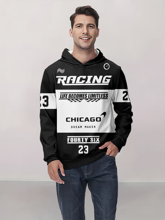 Chicago Graphic Print Hoodie for Men - Casual & Stylish Pullover with Kangaroo Pocket, Long Sleeve, Polyester Blend, Machine Washable