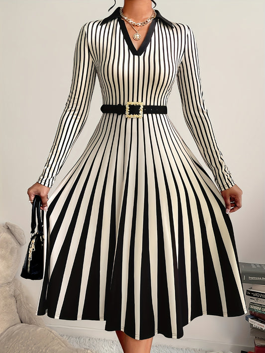 Women'S Elegant Striped Polo Collar Dress, Fall 2024 Casual Long Sleeve Midi Peplum, 92% Polyester 8% Elastane Knit Fabric, 200g/m², Perfect for Daily Wear