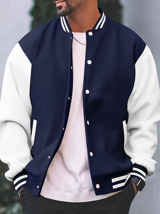 Men's Classic Red & White Striped Varsity Jacket - Casual Preppy Style with Baseball Collar, Button Closure, Long Sleeves & Pockets - Durable Polyester Blend, Machine Washable for Spring & Autumn, Spring Jacket|Preppy Fashion