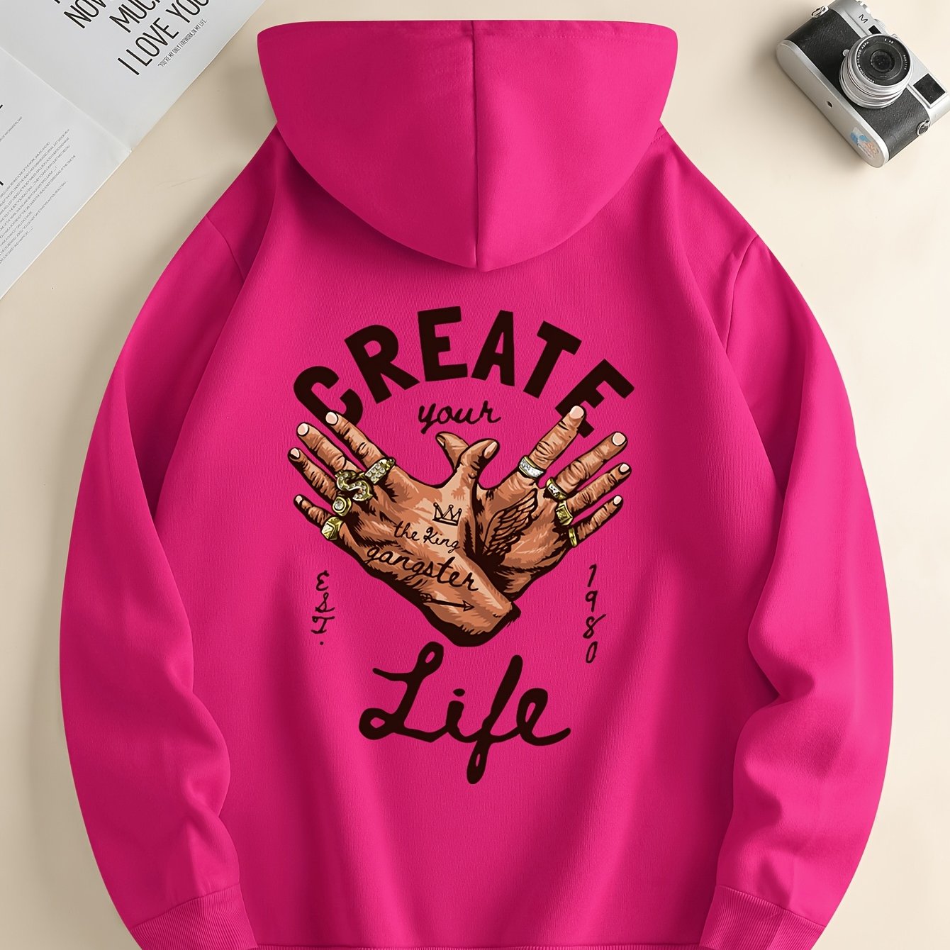 1pc Men'S Casual Street Gang Gesture Print Hoodie, Polyester Knit Fabric with Slight Stretch, Regular Fit Hooded Sweatshirt with Drawstring and Kangaroo Pocket, All-Season Top
