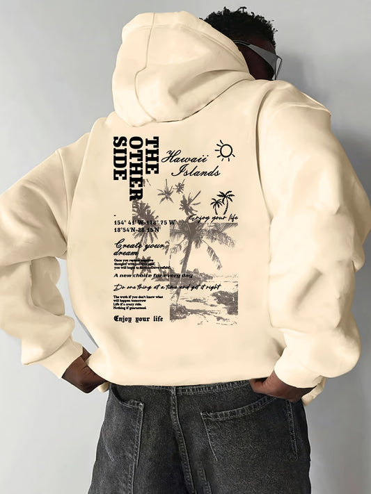 Coconut Tree Print Hoodie, Cool Hoodies for Men, Men's Casual Graphic Design Pullover Hooded Sweatshirt with Kangaroo Pocket Streetwear for Winter Fall, As Gifts