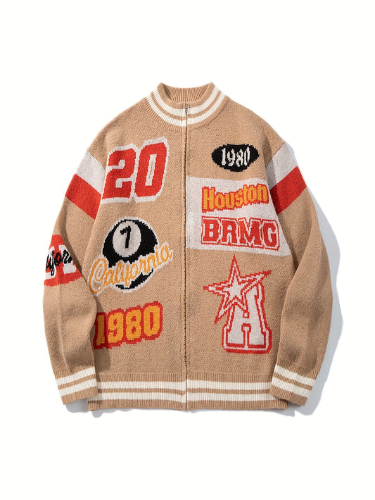Casual Varsity Baseball Jacket - Color Block Letter Print, Loose Fit Knit Cardigan with Zipper for Fall/Winter