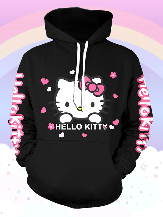Hello Kitty Hoodie - Cute 3D Printed Cartoon Cat Ear Hooded Sweatshirt, Long Sleeve Pullover Casual Wear, Girls Cartoon Fashion Pullover, Trendy Casual Long-Sleeved Hoodie