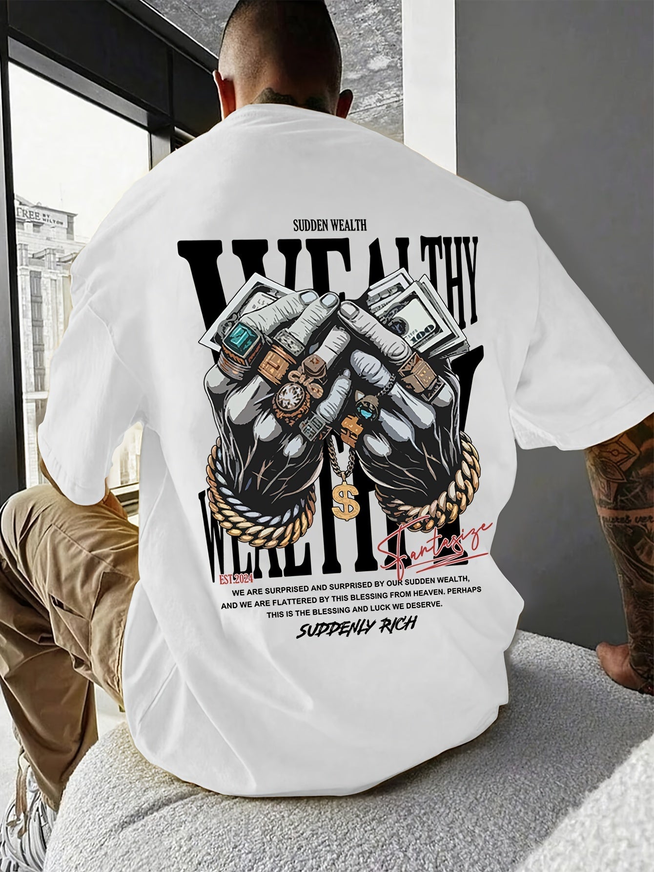 Men's Casual Graphic Tee with Unique Hand Jewelry Design - Soft Polyester Blend, Stretch Fit, Machine Washable - Perfect for Summer Outings
