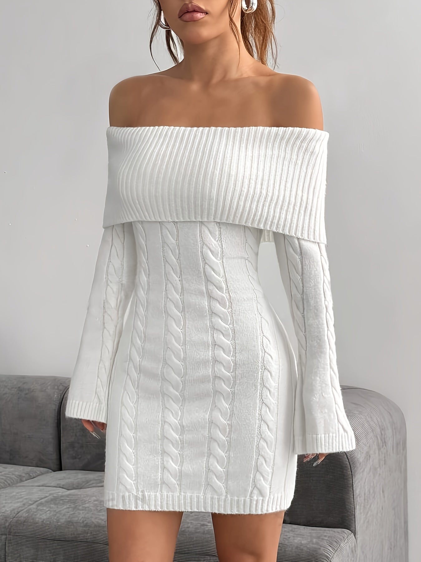 [Allseason Dress] Elegant Off-Shoulder Cable Knit Dress - Chic White Long Sleeve Bodycon Mini with Ribbed Detailing, Polyester, Perfect for All Seasons
