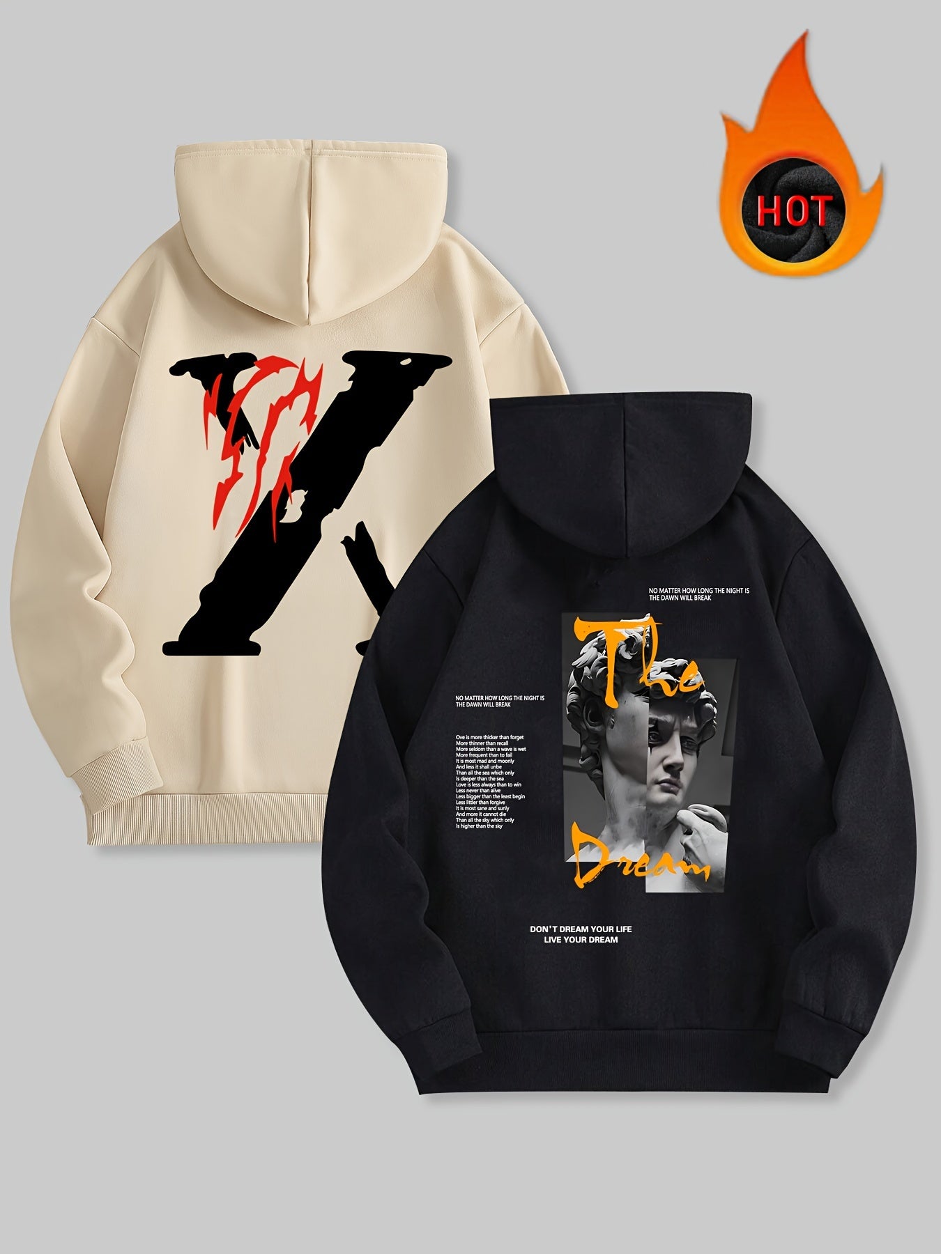 Men's Sweatshirt with Velvet Hooded 2pcs Set, Casual and Versatile Plaster Man Pattern Printed Pocket Sweatshirt