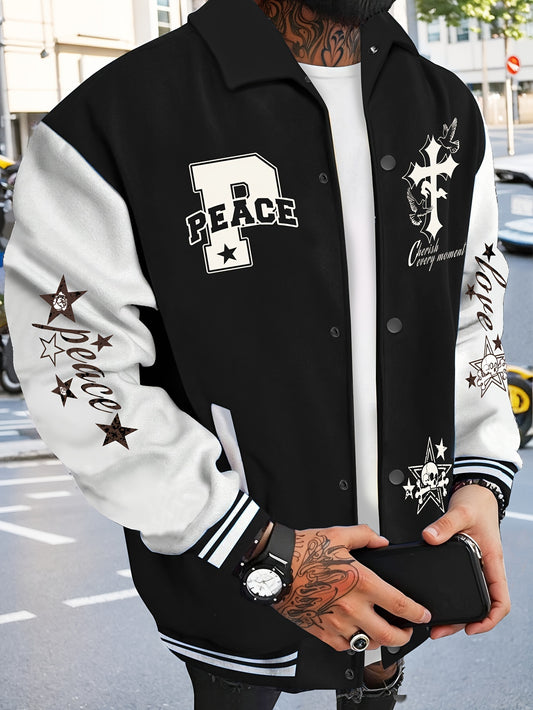 Men's Casual Sports Jacket With Polyester Fabric, Baseball Collar, Breathable, Random Print, Pockets, Standard Fit