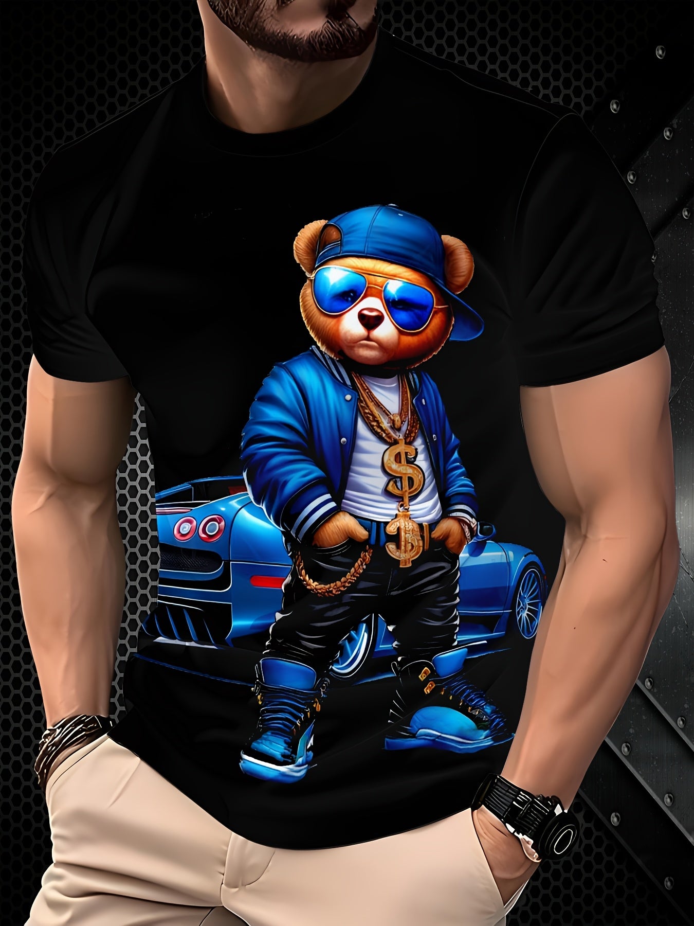 Glasses Bear Men's Fashion Digital Print Short Sleeve T-shirt