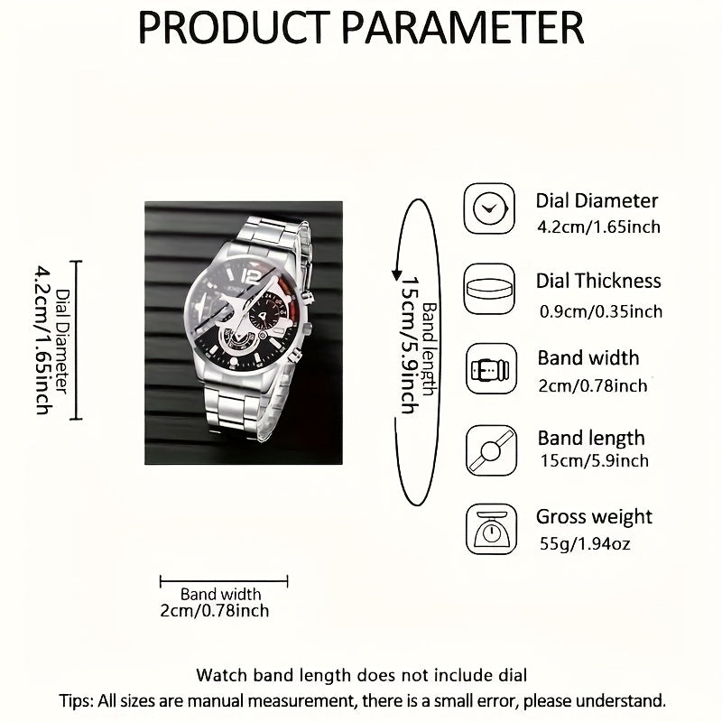 Men's 8pcs luxury gift set: stainless steel quartz watch with calendar, Golden arrow necklace, bracelet and ring - perfect business casual accessories for Valentine's Day, New Year, Easter, Ramadan, birthday, Christmas, Hallo