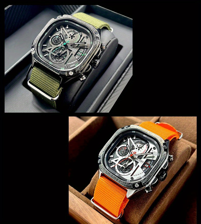 MEGIR Black Quartz Watch Men Square Dial Wristwatch with Chronograph Stainless Steel Strap Luminous Hands Auto Date