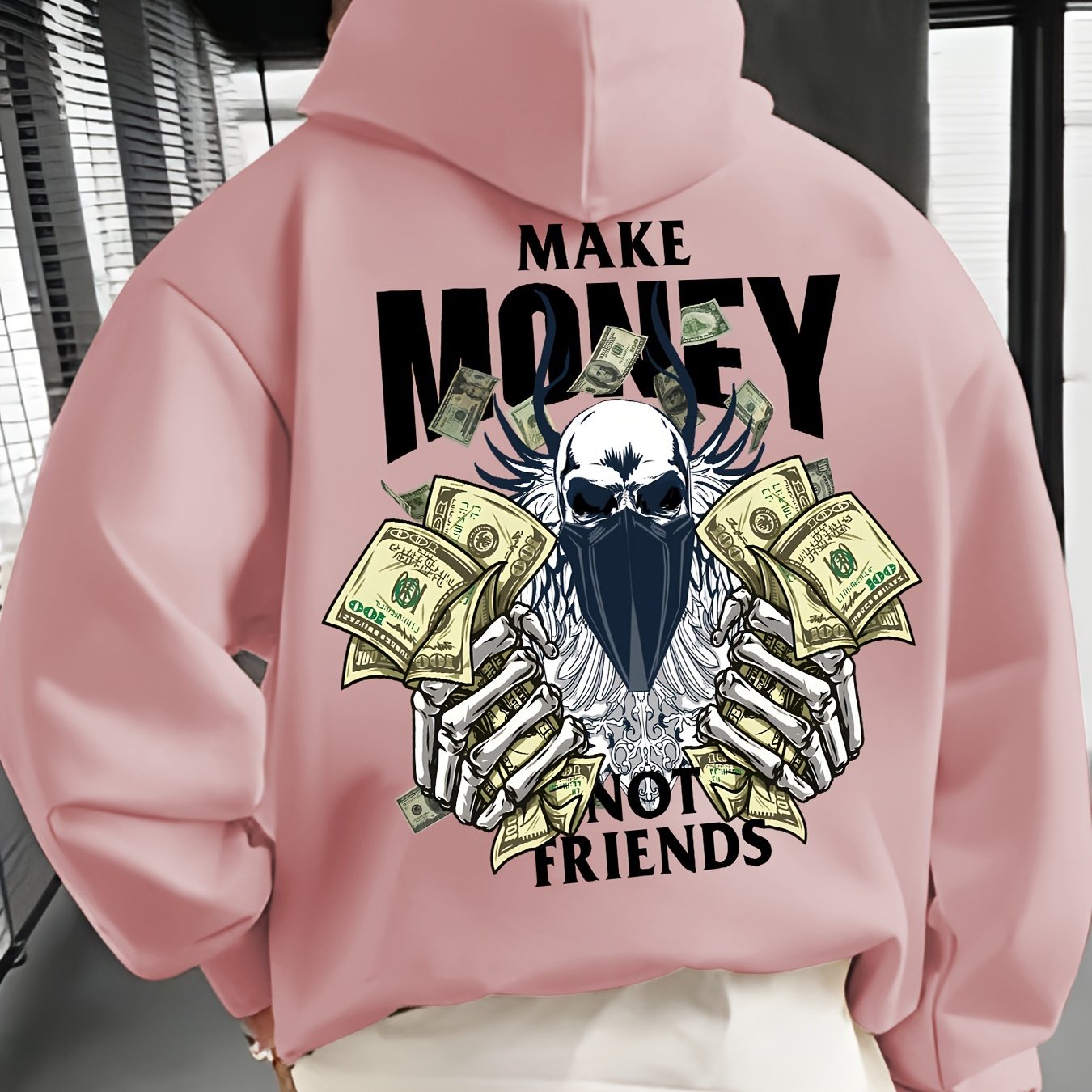 MAKE MONEY NOT FRIENDS Print Kangaroo Pocket Hoodie, Casual Long Sleeve Hoodies Pullover Sweatshirt, Men's Clothing, For Fall Winter