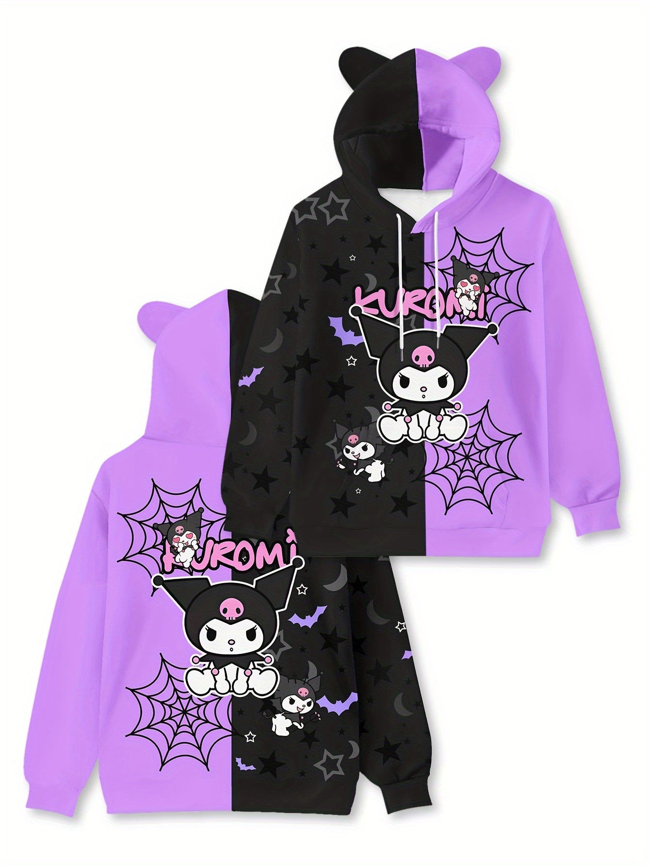 Sanrio Kuromi Women'S Hoodie - 100% Polyester Casual Long Sleeve Hooded Sweatshirt with Pockets, Cartoon Pattern, Knit Fabric, Fall/Winter Collection