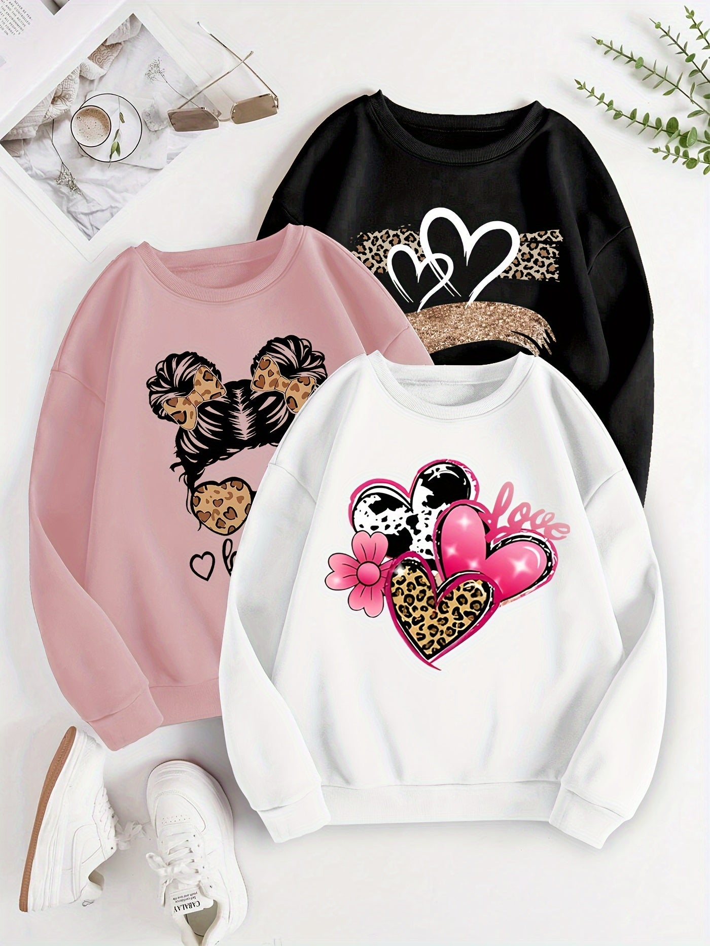 Women's 3pcs Heart Print Sweatshirt Set - Casual Crew Neck, Long Sleeve Pullovers for Fall & Winter, Machine Washable