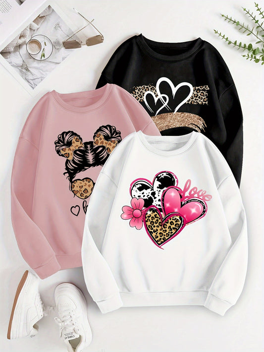 Women's 3pcs Heart Print Sweatshirt Set - Casual Crew Neck, Long Sleeve Pullovers for Fall & Winter, Machine Washable