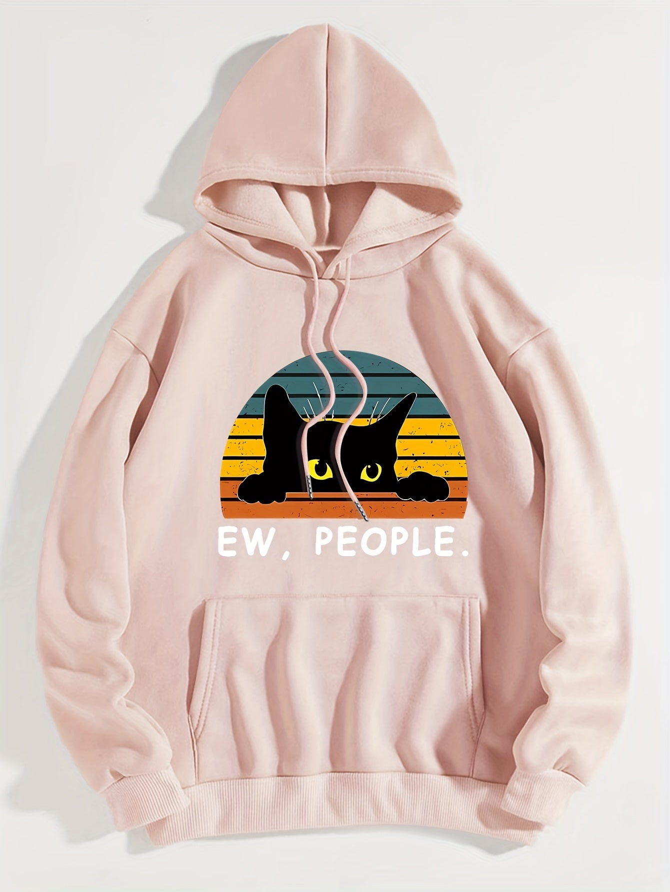 Cat Print Kangaroo Pocket Hoodie, Casual Long Sleeve Drawstring Hoodies Sweatshirt, Women's Clothing