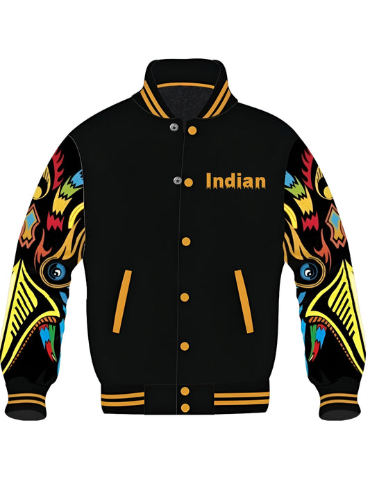 Men's Trendy Baseball Jacket - Lightweight, Warm Fleece-Lined Varsity Coat with Animal Print & Pockets, Machine Washable, Hip Hop, Rock Clothing