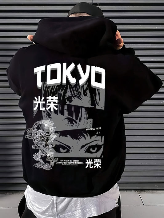 1pc Men'S Casual Sports Hoodie with Cartoon Letter Print, French Terry Non-Stretch Knit Fabric, Loose Fit Hooded Sweatshirt with Pocket, Regular Length