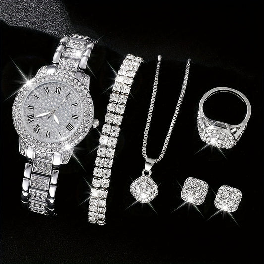 Men'S 6pcs/SET Casual Fashion Quartz Watch - Round Dial, With Square Pendant Bracelet, Necklace, Earrings, Ring Set, Trend Sports, The Perfect Gift For Him