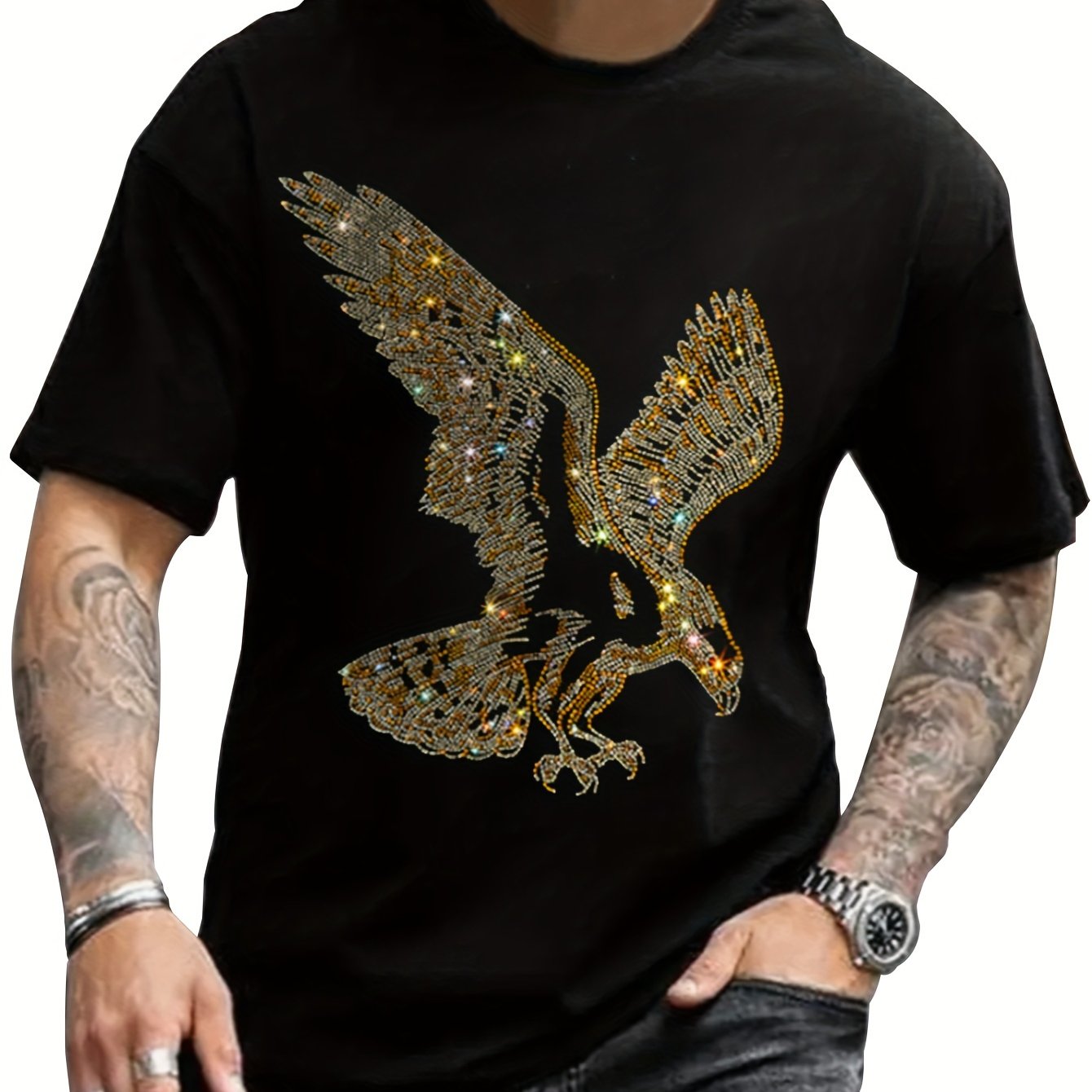 Funny Eagle Graphic T-Shirt with Rhinestone Bling, Comfortable Crewneck Short Sleeve Summer Tee, Cotton - HZCX FASHION