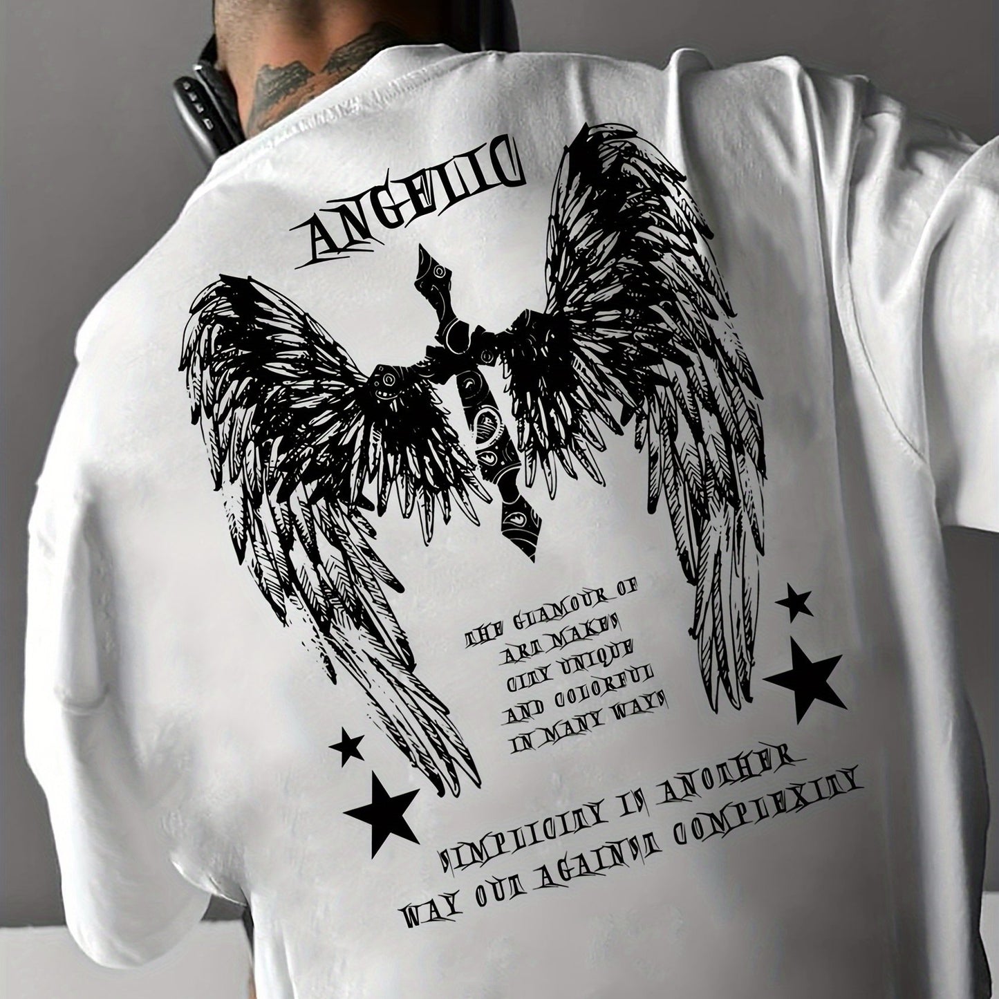 Big Wings Print Men's Casual Athletic T-Shirt, Crew Neck, Knit Fabric, Regular Fit, Breathable Summer Tee
