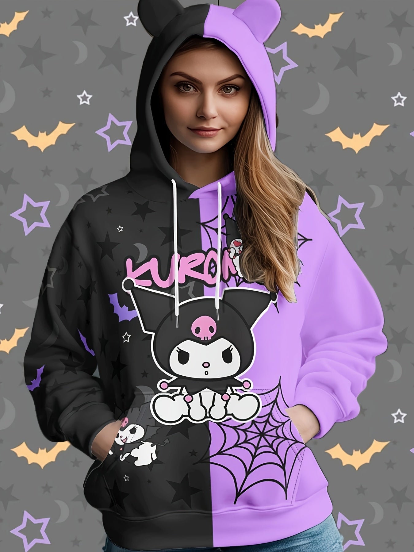 Sanrio Kuromi Women'S Hoodie - 100% Polyester Casual Long Sleeve Hooded Sweatshirt with Pockets, Cartoon Pattern, Knit Fabric, Fall/Winter Collection