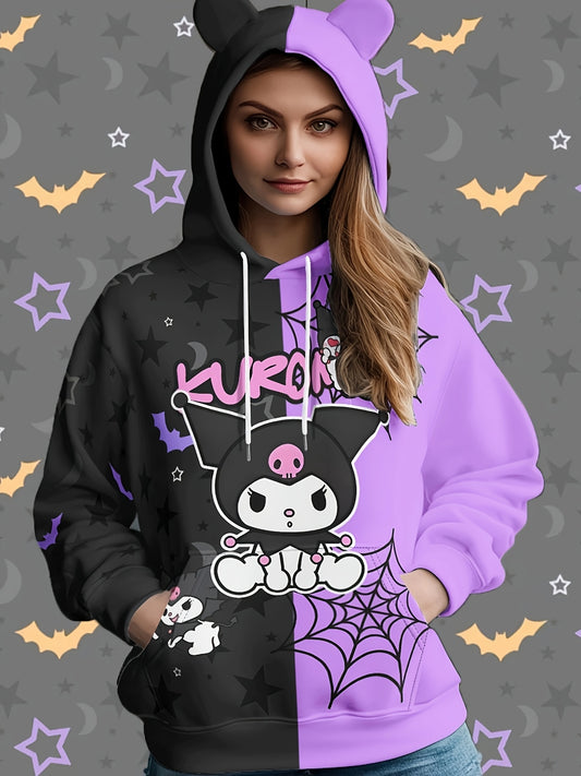 Sanrio Kuromi Women'S Hoodie - 100% Polyester Casual Long Sleeve Hooded Sweatshirt with Pockets, Cartoon Pattern, Knit Fabric, Fall/Winter Collection