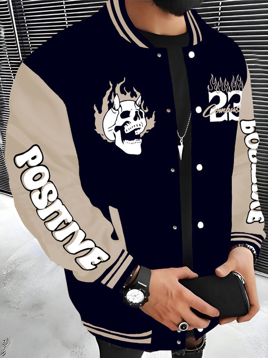 Men's Trendy Fleece-Lined Varsity Jacket - Casual Streetwear with Letter Print, Snap Closure & Pockets