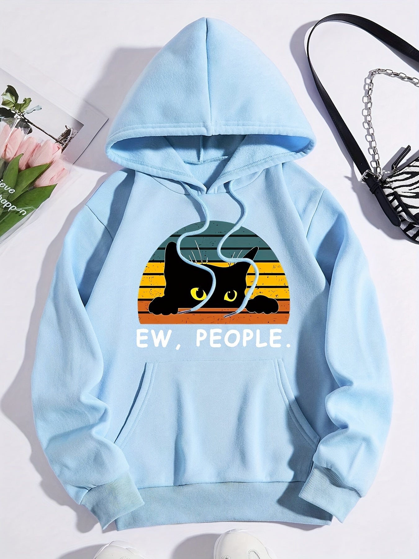 Cat Print Kangaroo Pocket Hoodie, Casual Long Sleeve Drawstring Hoodies Sweatshirt, Women's Clothing