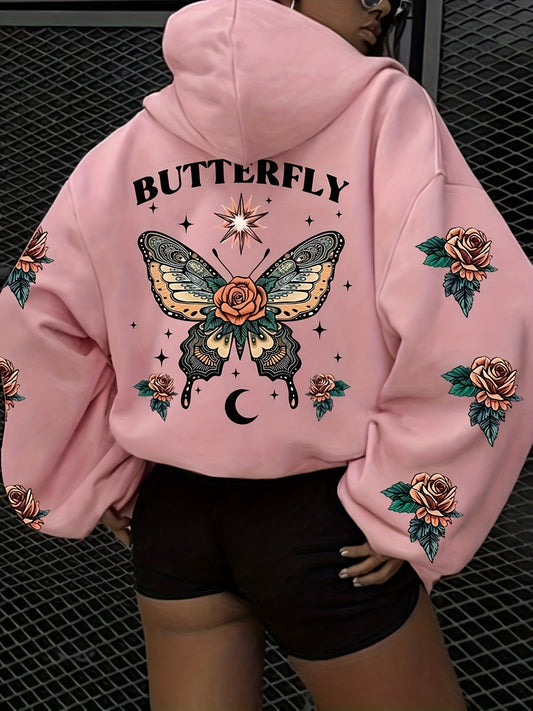 Butterflies Graphic Print Hoodie, Drawstring Casual Hooded Sweatshirt For Winter & Fall, Women's Clothing