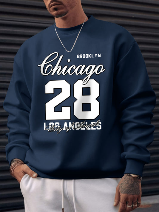 Chicago 28 Print Men's Crew Neck Long Sleeve Sweatshirt, Stylish Pullover Sweatshirt, Casual Comfortable Versatile Top For Outdoor Sports