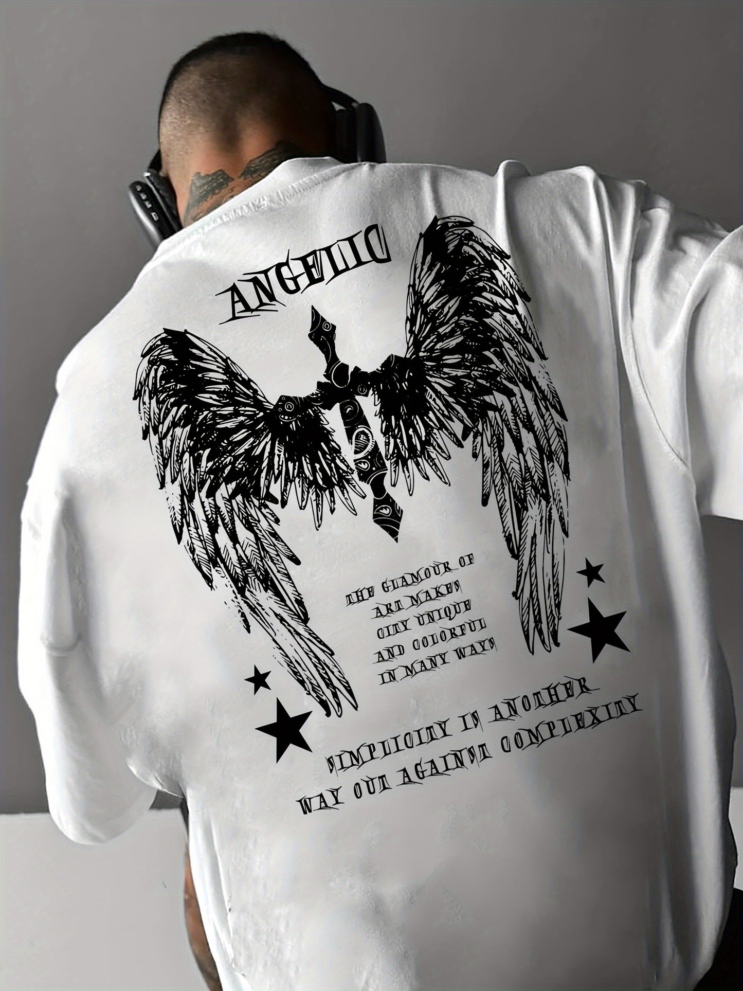 Big Wings Print Men's Casual Athletic T-Shirt, Crew Neck, Knit Fabric, Regular Fit, Breathable Summer Tee