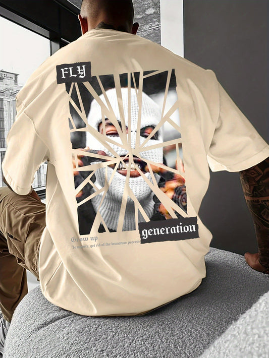 Men's Urban Street Wear Man In Mask Print Short Sleeve T-Shirt - Polyester, Crew Neck, Summer - Black