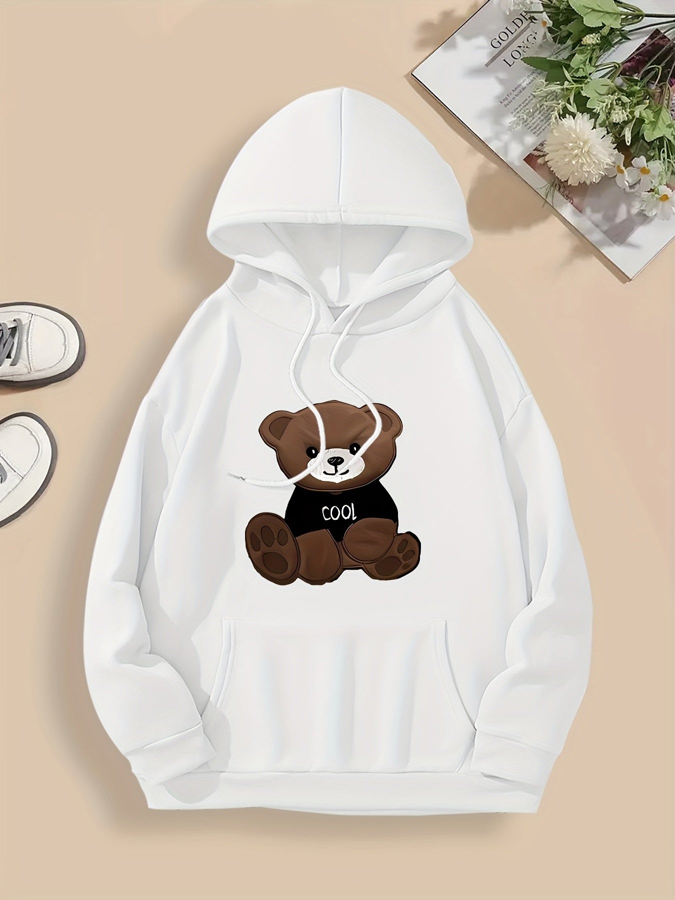 Women'S Cartoon Bear Print Hoodie, Soft Stretch Polyester Pullover with Pocket, Casual Regular Fit, All-Season Beachwear, Knitted with Hood, Autumn/Winter Fashion Sweatshirt