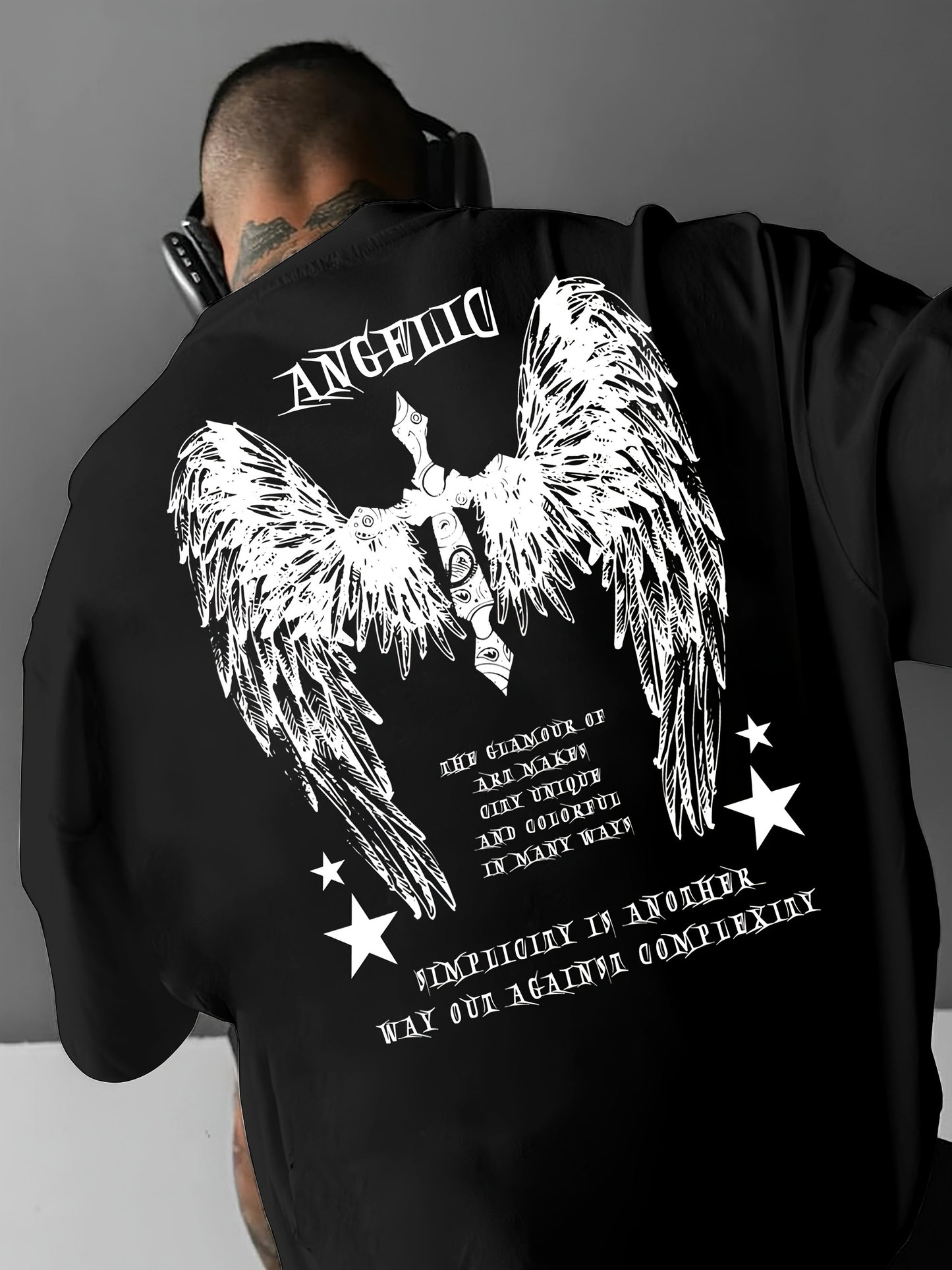 Big Wings Print Men's Casual Athletic T-Shirt, Crew Neck, Knit Fabric, Regular Fit, Breathable Summer Tee