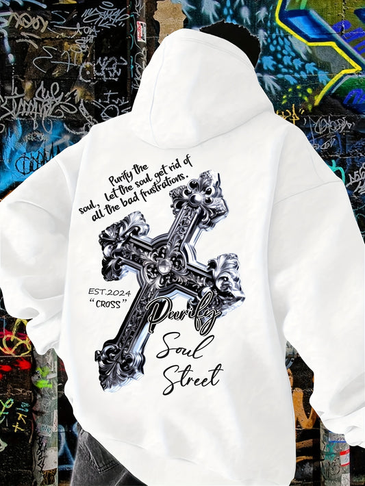 Men'S Casual Hoodie with Metallic Cross Graphic Print - 100% Polyester Knit Fabric with Slight Stretch, Long Sleeve, Regular Fit Pullover with Drawstring Hood, Fall/Winter Collection