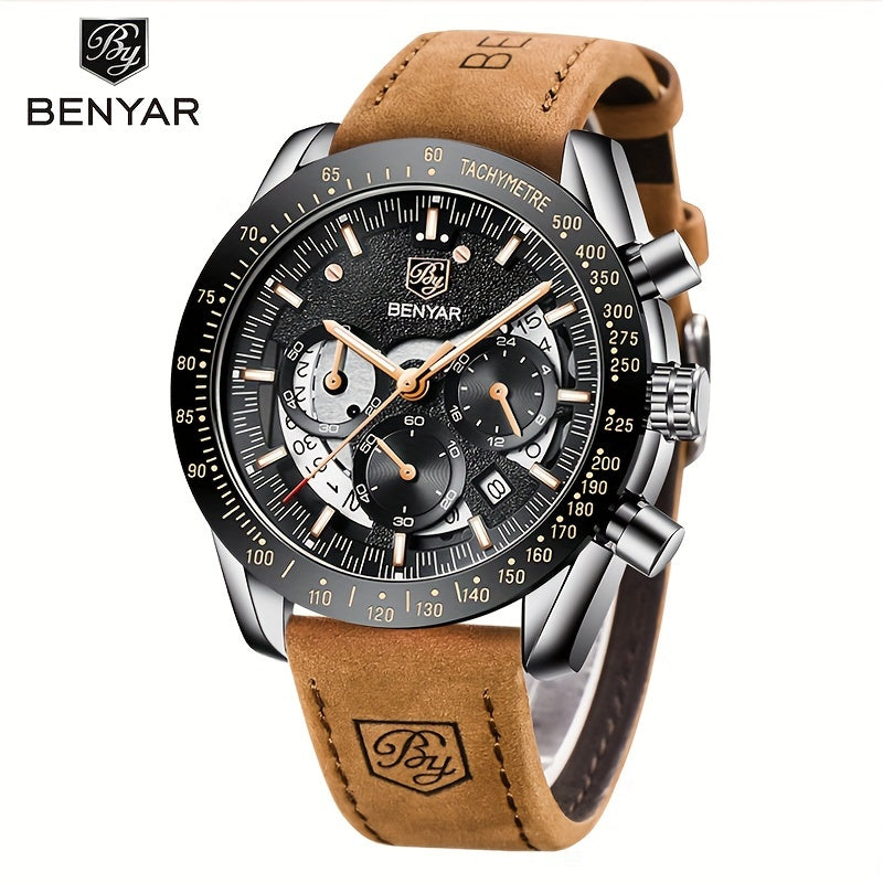Benyar Chronograph Men's Watch - Analog Quartz Stylish Sports Wristwatch - Elegant Father's Day Gift