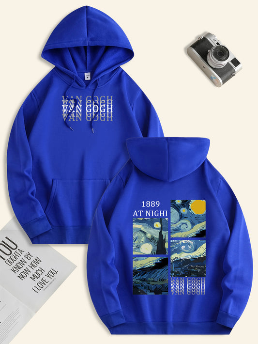 1pc Van Gogh Art Starry Night Print Hoodie - Casual Polyester Long Sleeve Pullover with Drawstring Hood, Slight Stretch Knit Fabric, Regular Fit - All Seasons Men'S Sweatshirt