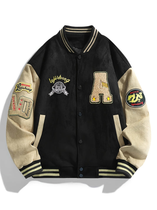 Men's Letter Embroidered Leatherette Bomber Jacket, Casual Style, Regular Fit, Long Sleeve, Baseball Collar, Single Button Front, Pocket Detail, 6772L