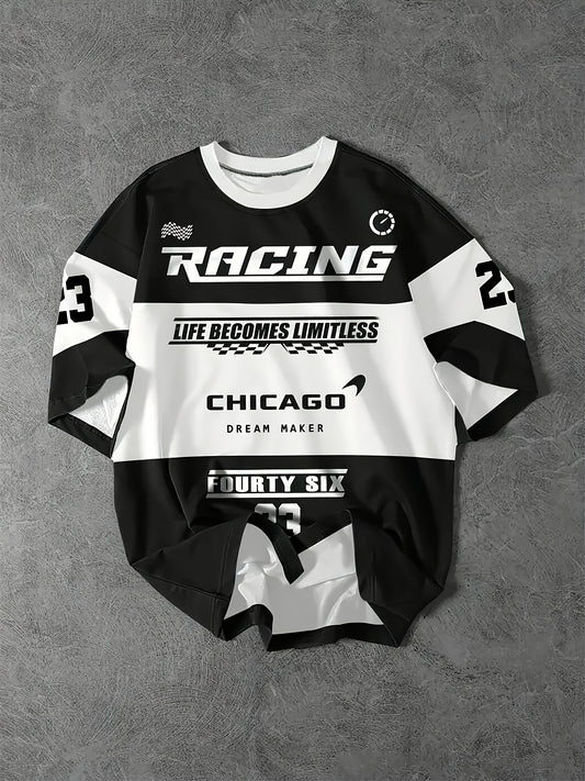 Men'S Racing Icon Print 3D Graphic T-Shirt, Casual Crew Neck Short Sleeve Tee, Breathable Polyester Spandex Blend, Slight Stretch Knit Fabric, with Unique Letter Print Design, for All-Season Pullover