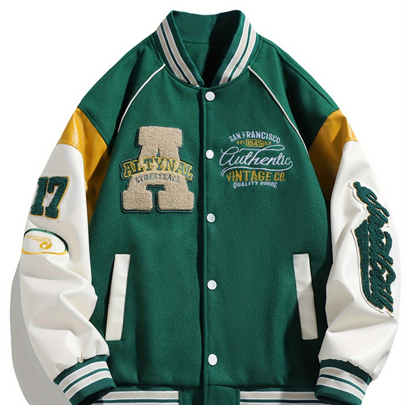 Men's Color Matching Letters Embroidery Striped Baseball Jacket With Pockets, Casual Baseball Collar Button Up Long Sleeve Varsity Jacket For Outdoor