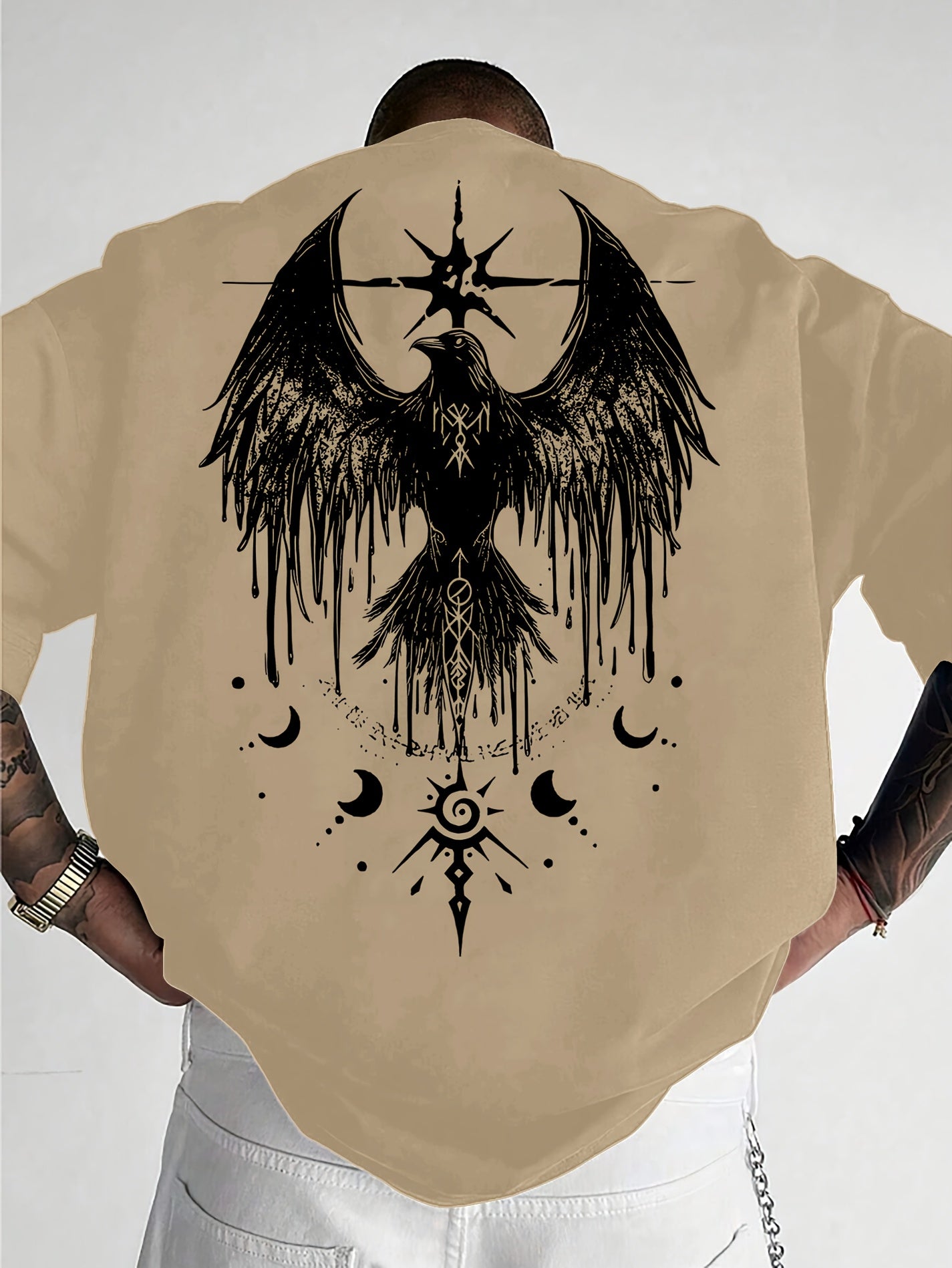 Men'S Raven Totem Print T-Shirt, 100% Polyester, Street Style, Loose Fit, Crew Neck, Slight Stretch Knit Fabric, Animal Pattern, for Summer