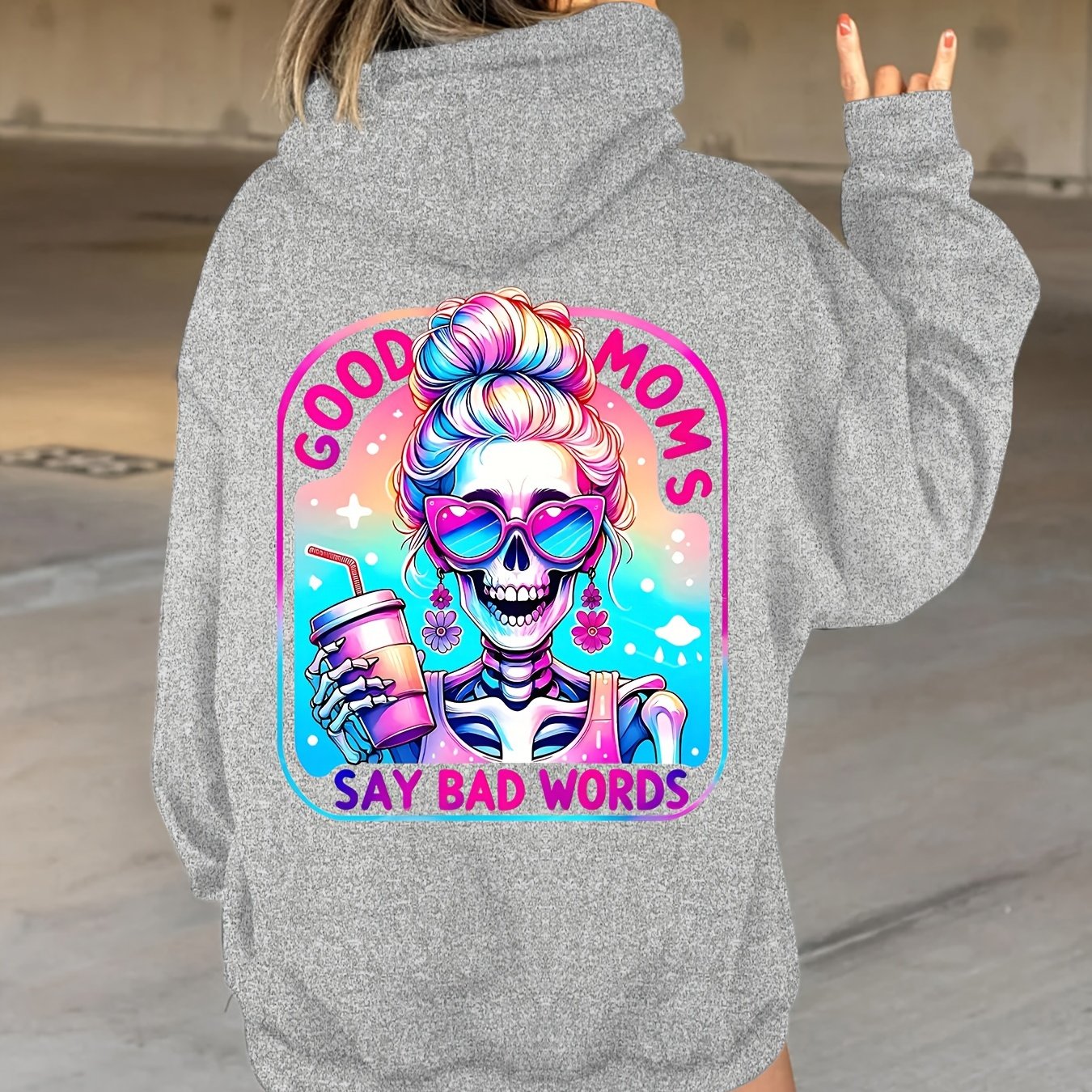 Plus Size Good Moms Say Bad Words Print Hoodie, Casual Kangaroo Pocket Drawstring Long Sleeve Hooded Sweatshirt, Women's Plus Size Clothing