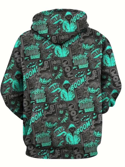 Men's Allover Hip-hop Style Comics Print Hooded Sweatshirt, Casual Trendy Long Sleeve Pullover As Gift
