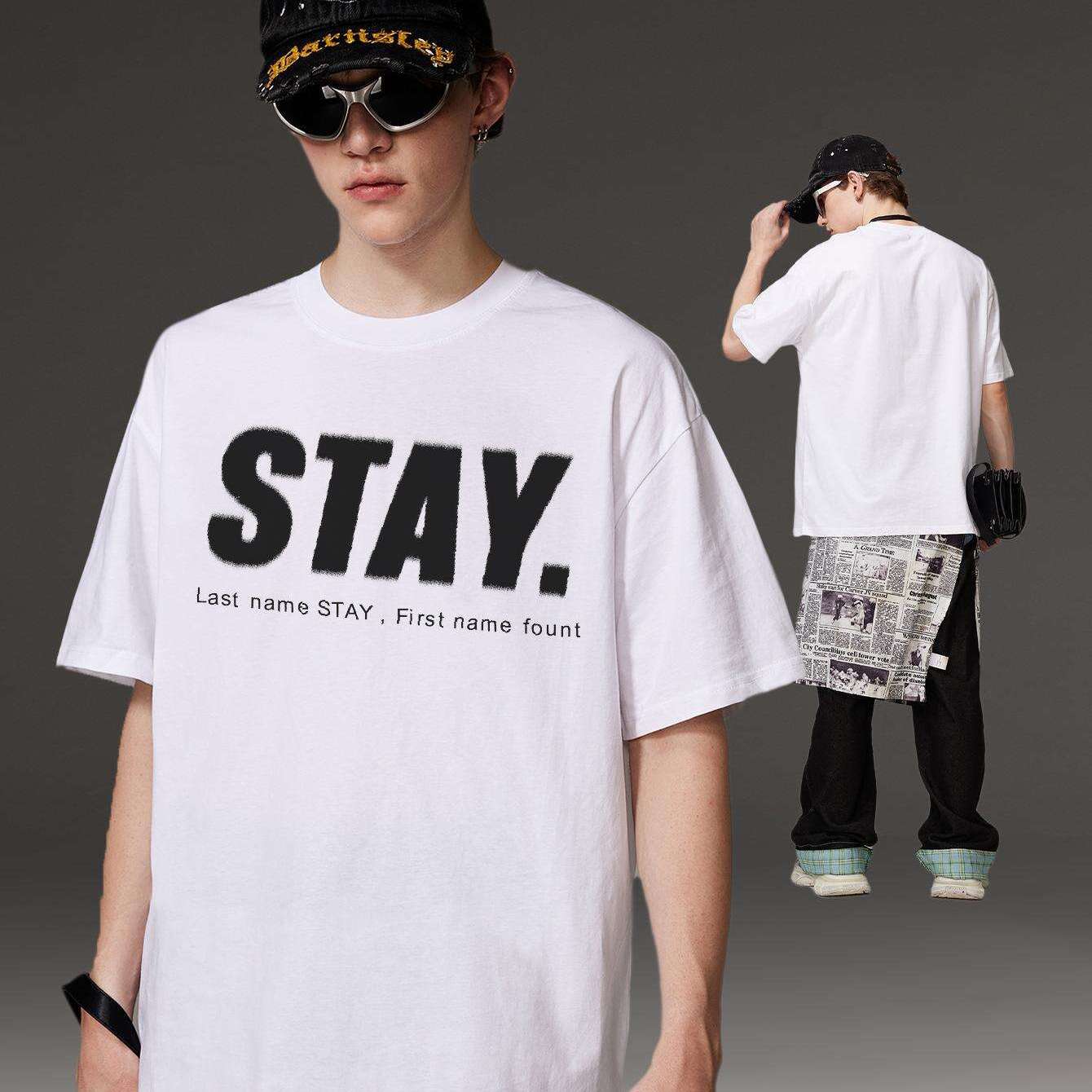Korean Style Men Tops Kpop Streetwear STAY Print Luxury Cotton Male Tees Oversize Casual Unisex T-shirts Y2k Harajuku