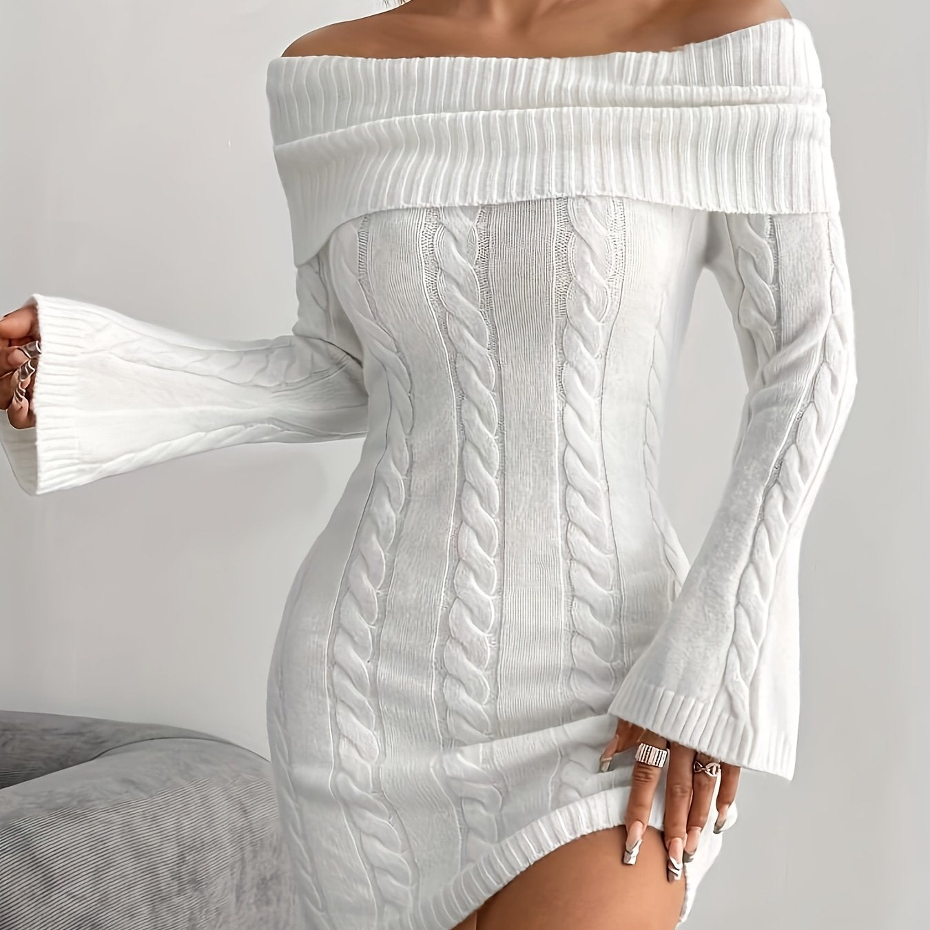 [Allseason Dress] Elegant Off-Shoulder Cable Knit Dress - Chic White Long Sleeve Bodycon Mini with Ribbed Detailing, Polyester, Perfect for All Seasons