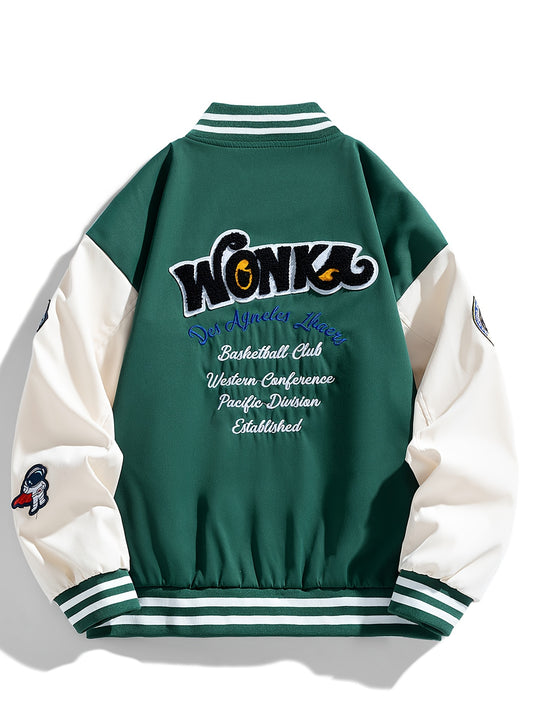 Men's Varsity Jacket, Casual Sweatshirt Cardigan, Button-Up Baseball Jacket With Fancy Embroidered Design And Pockets, Comfortable Fit Outerwear